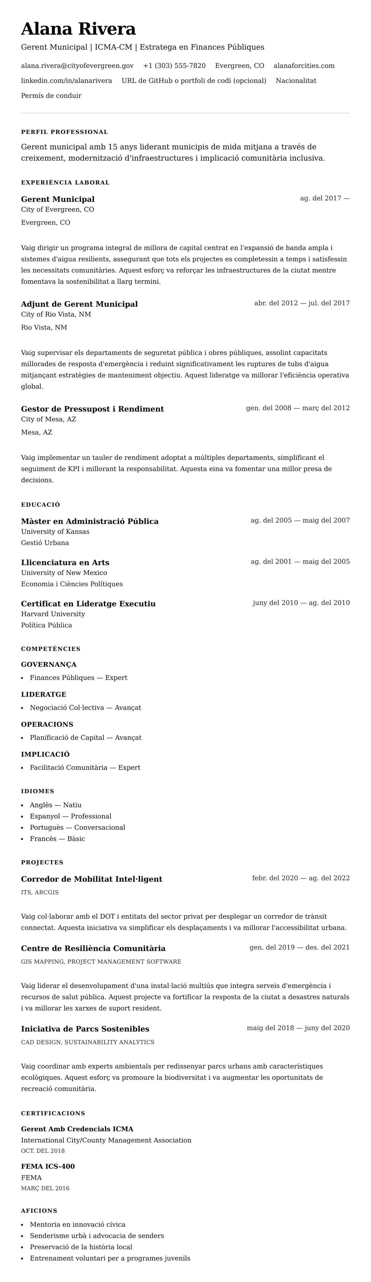 Previsualització del currículum per a Exemple de Currículum de Gerent Municipal