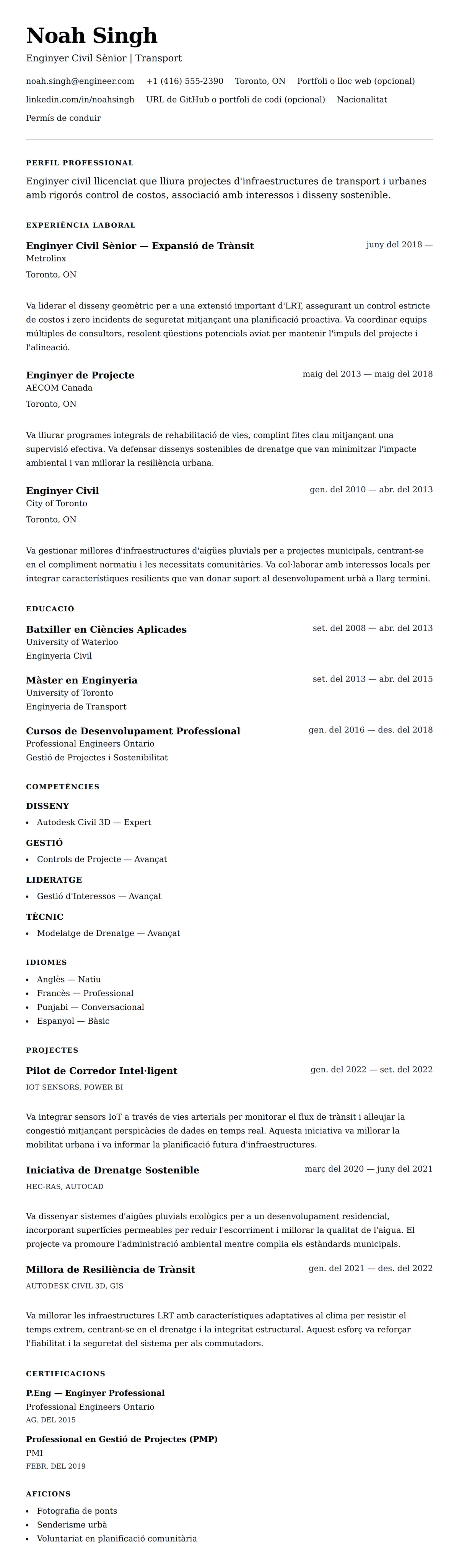 Previsualització del currículum per a Exemple de Currículum d'Enginyer Civil