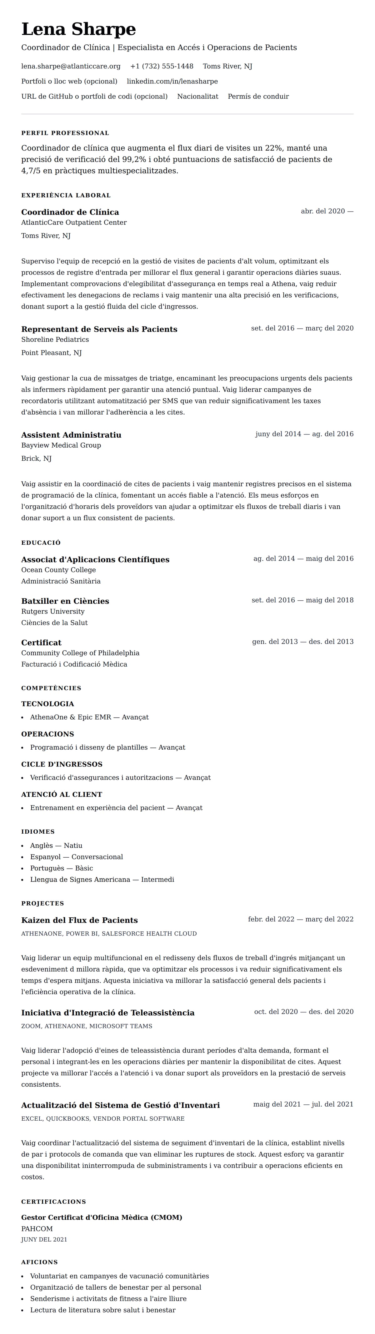 Previsualització del currículum per a Exemple de Currículum de Coordinador de Clínica