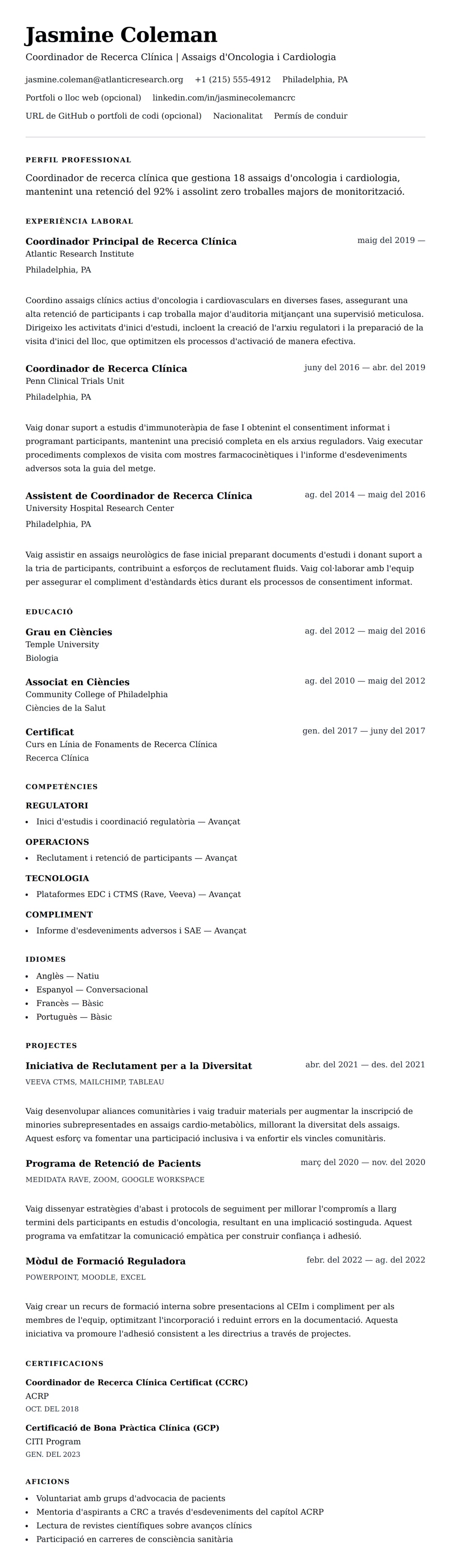 Previsualització del currículum per a Exemple de Currículum de Coordinador de Recerca Clínica