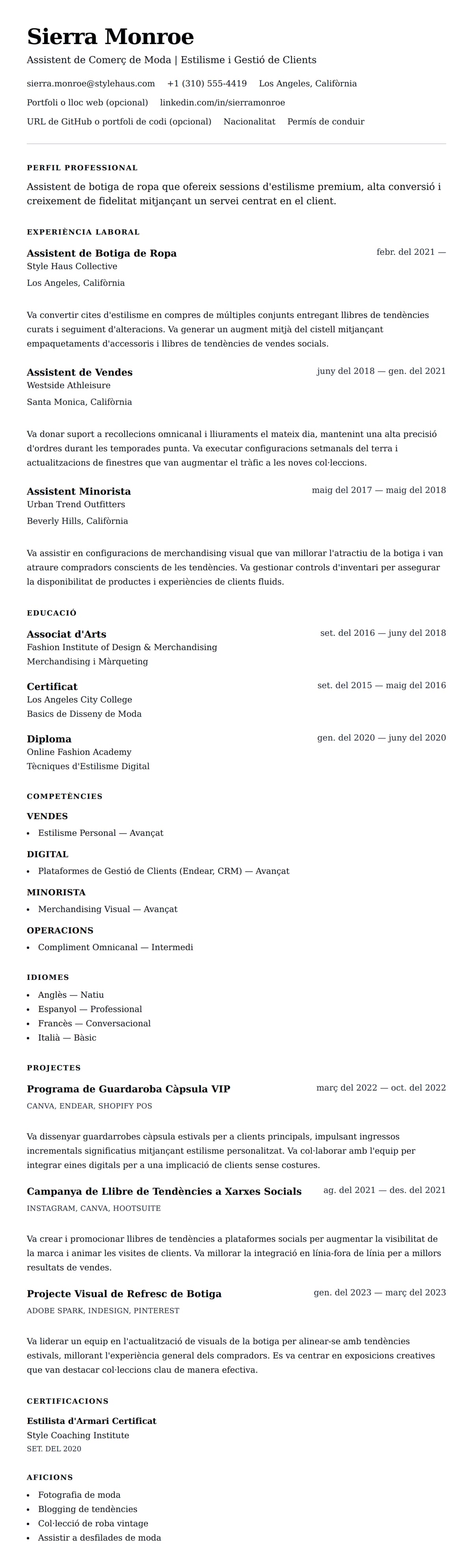 Previsualització del currículum per a Exemple de Currículum d'Assistent de Botiga de Ropa