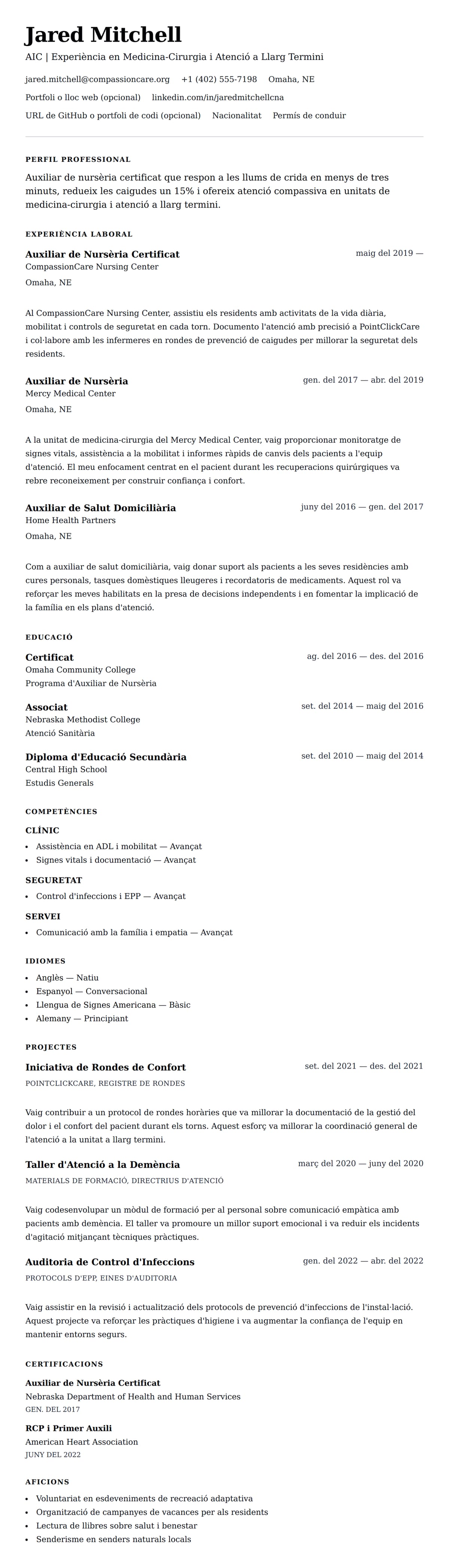 Previsualització del currículum per a Exemple de Currículum d'Auxiliar de Nursèria Certificat (AIC)