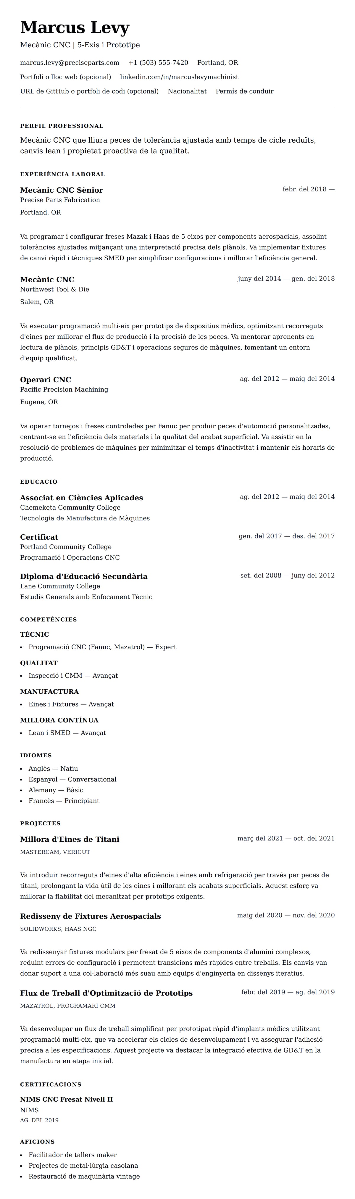 Previsualització del currículum per a Exemple de Currículum de Mecànic CNC