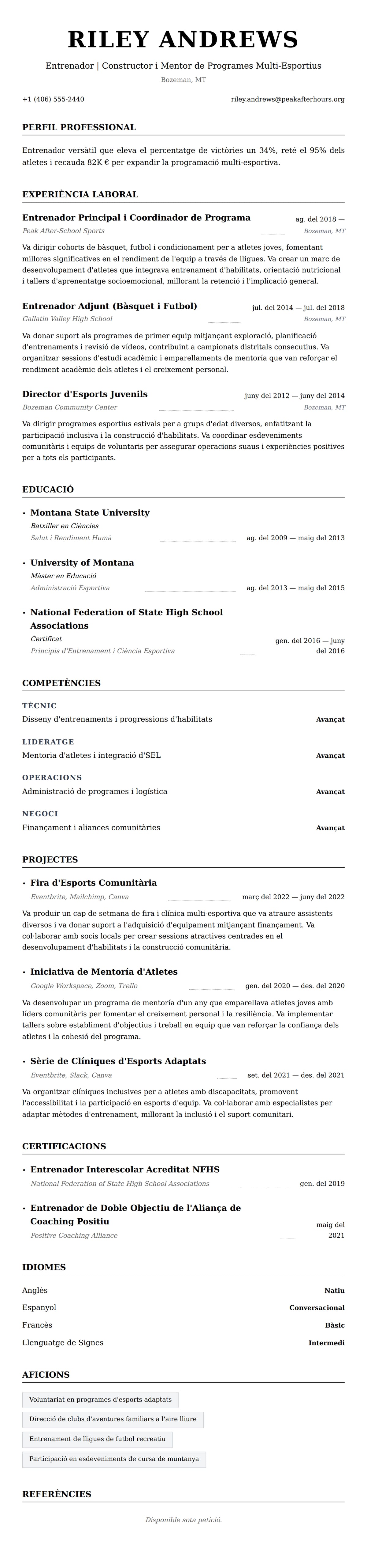 Previsualització del currículum per a Exemple de Currículum d'Entrenador