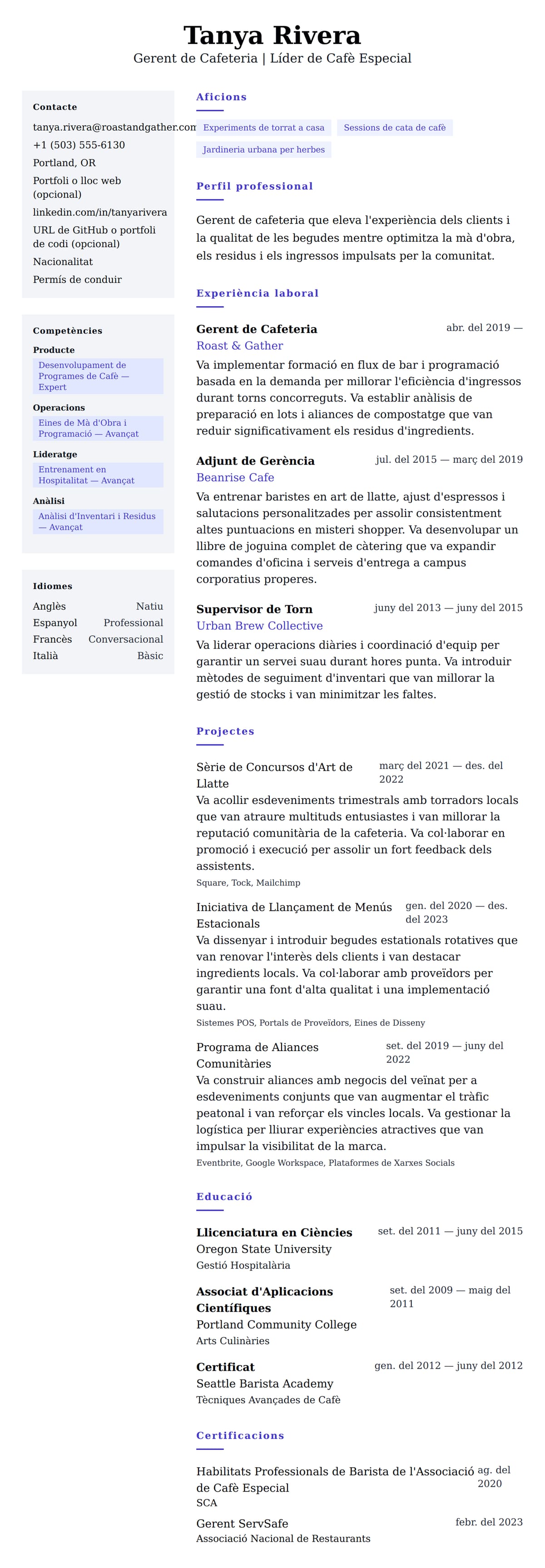 Previsualització del currículum per a Exemple de Currículum de Gerent de Cafeteria