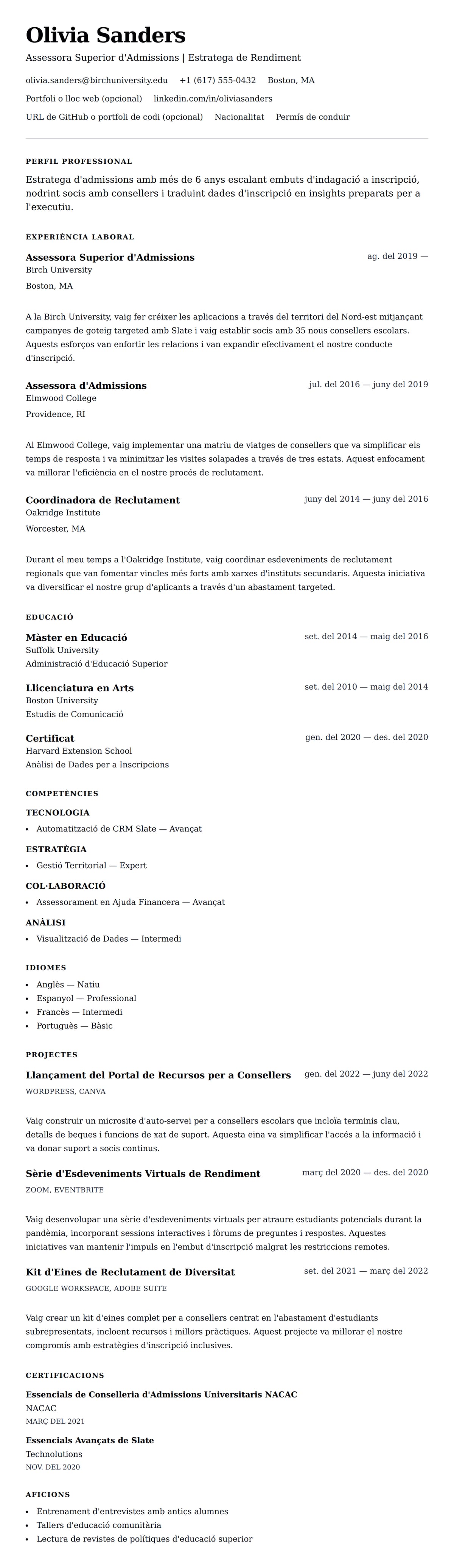 Previsualització del currículum per a Exemple de Currículum d'Assessor d'Admissions Universitaris