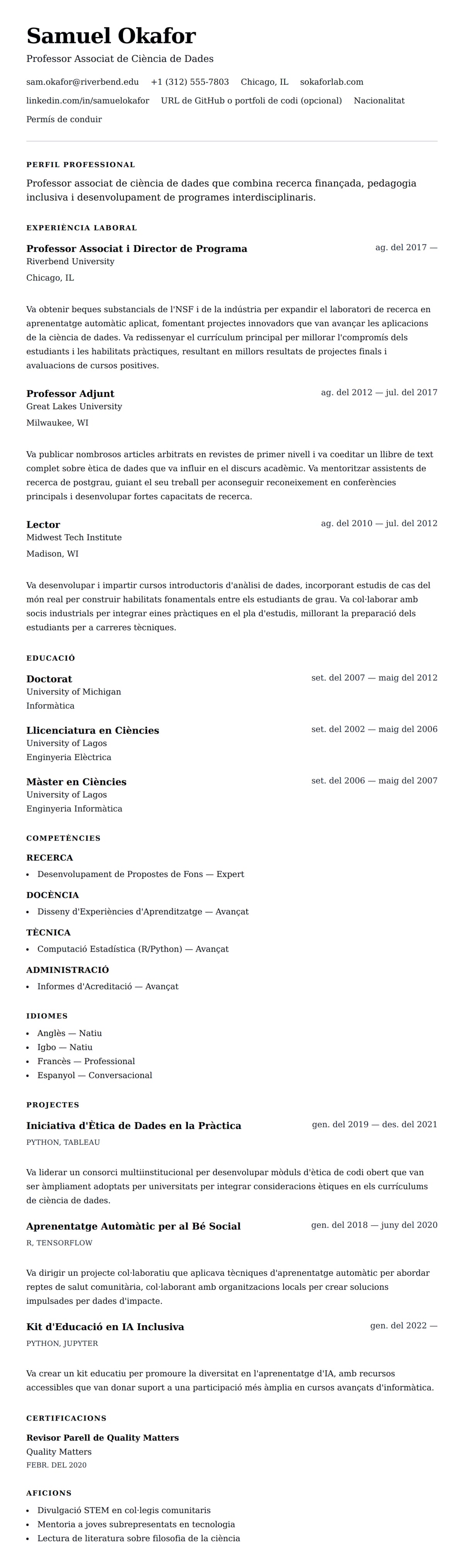 Previsualització del currículum per a Exemple de Currículum de Professor Universitari