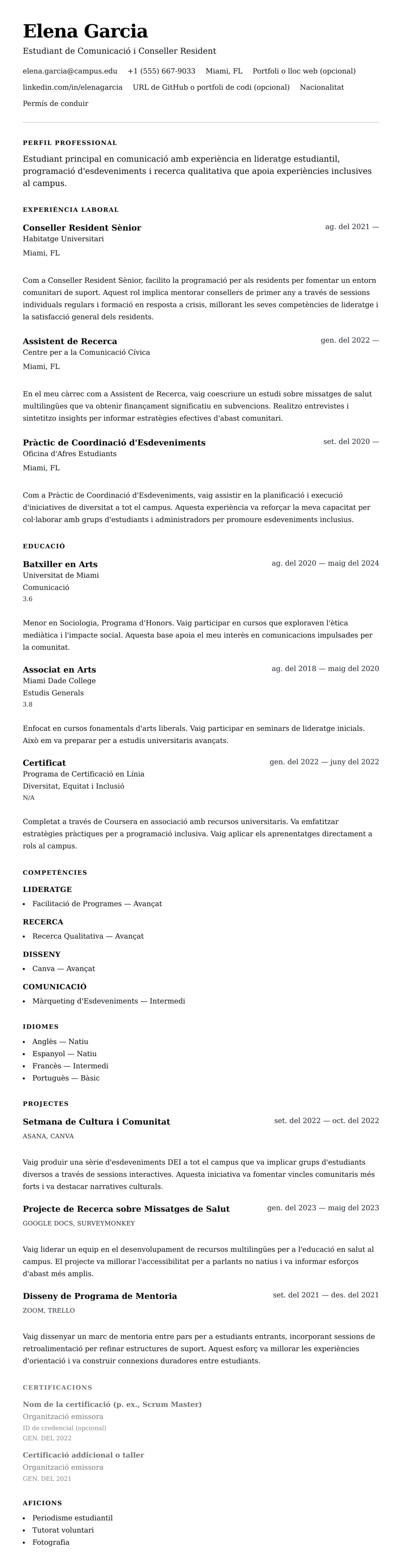 Previsualització del currículum per a Exemple de Currículum d'Estudiant Universitari