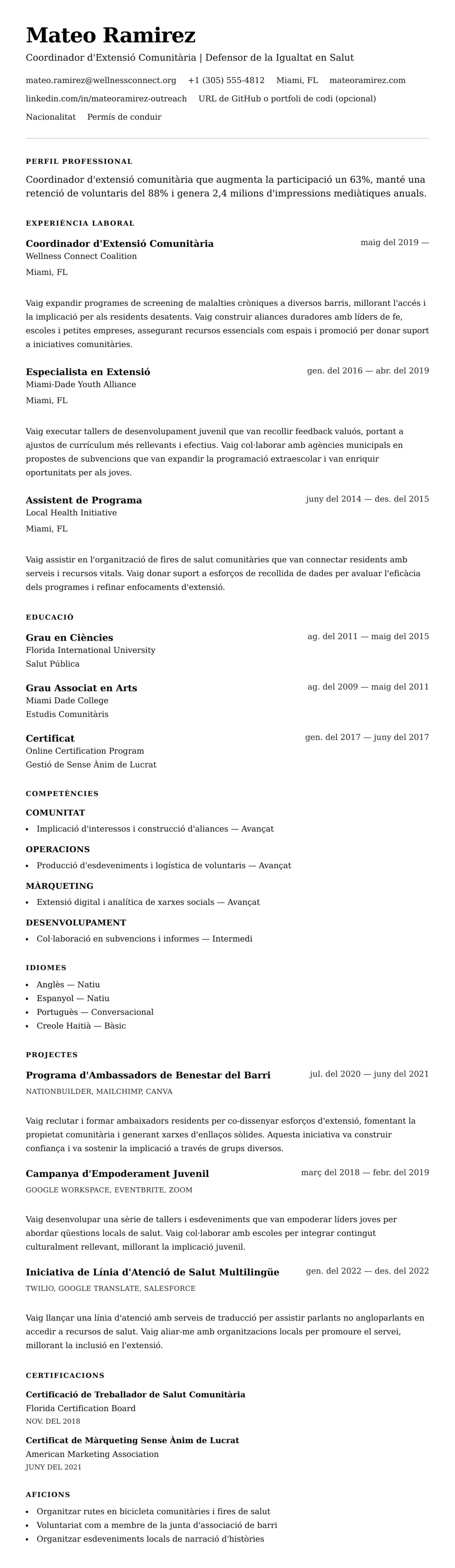 Previsualització del currículum per a Exemple de Currículum de Coordinador d'Extensió Comunitària