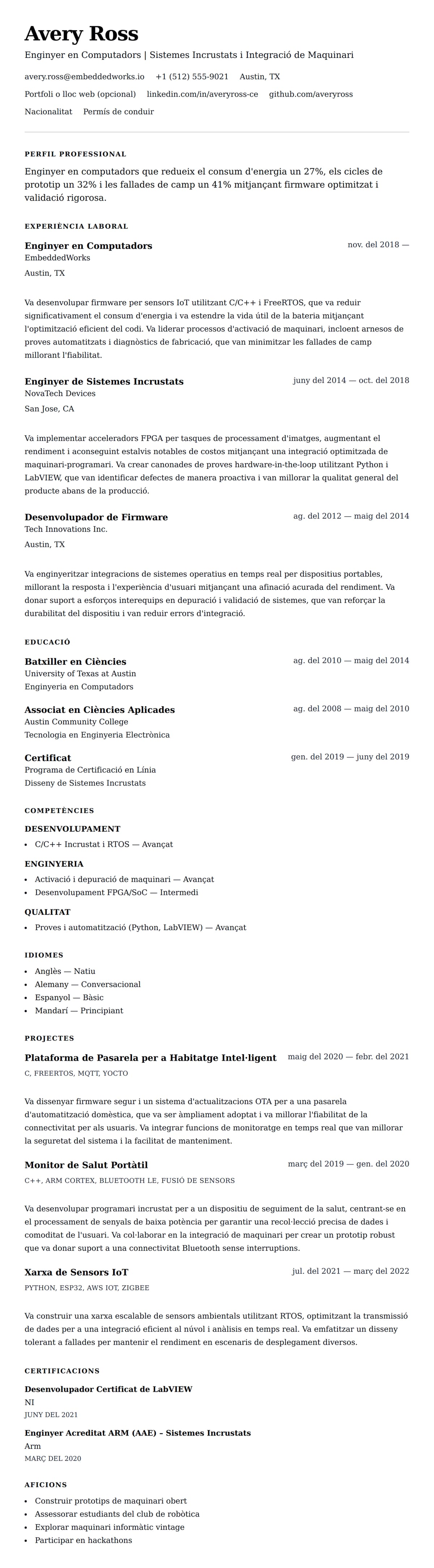 Previsualització del currículum per a Exemple de Currículum d'Enginyer en Computadors