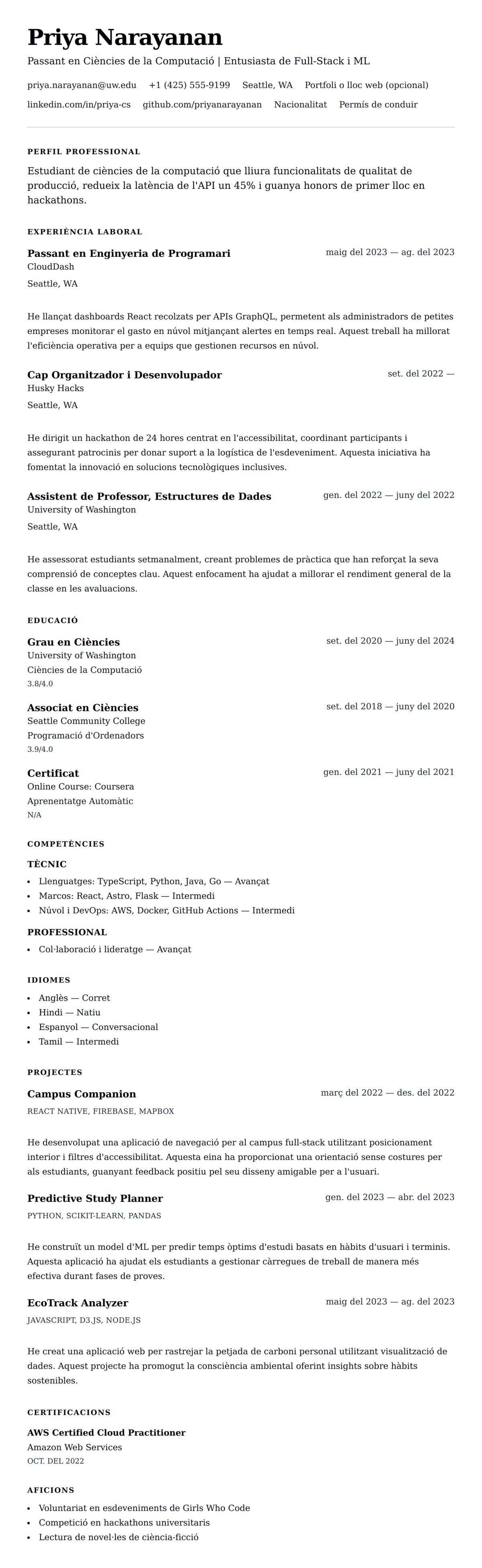 Previsualització del currículum per a Exemple de Currículum per a Pràcticum en Ciències de la Computació