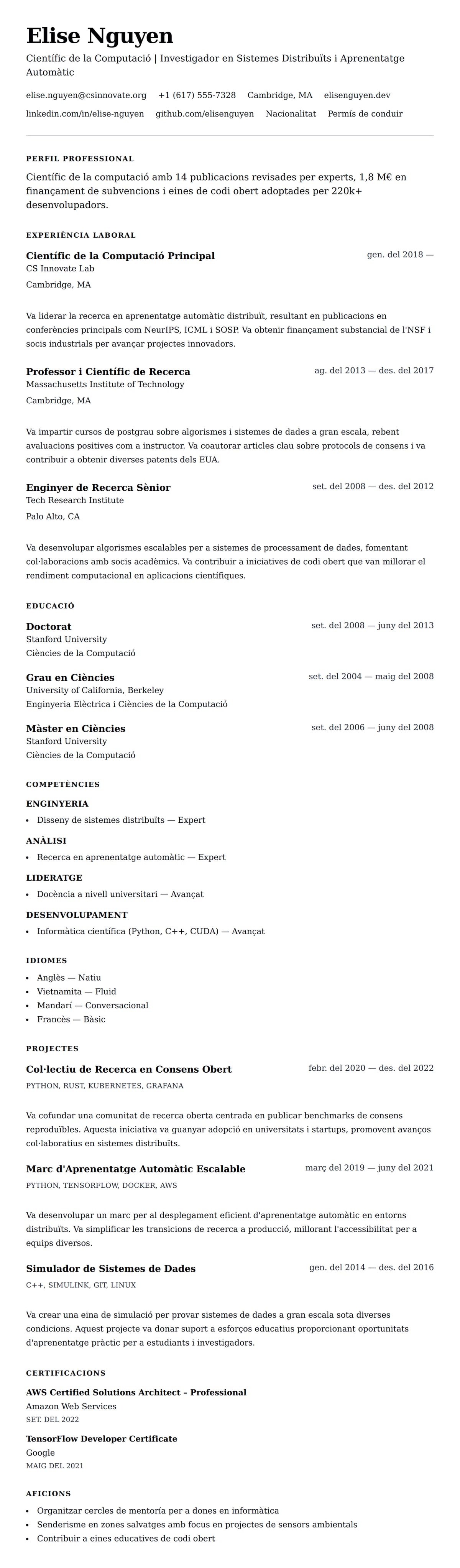 Previsualització del currículum per a Exemple de Currículum de Professional en Ciències de la Computació