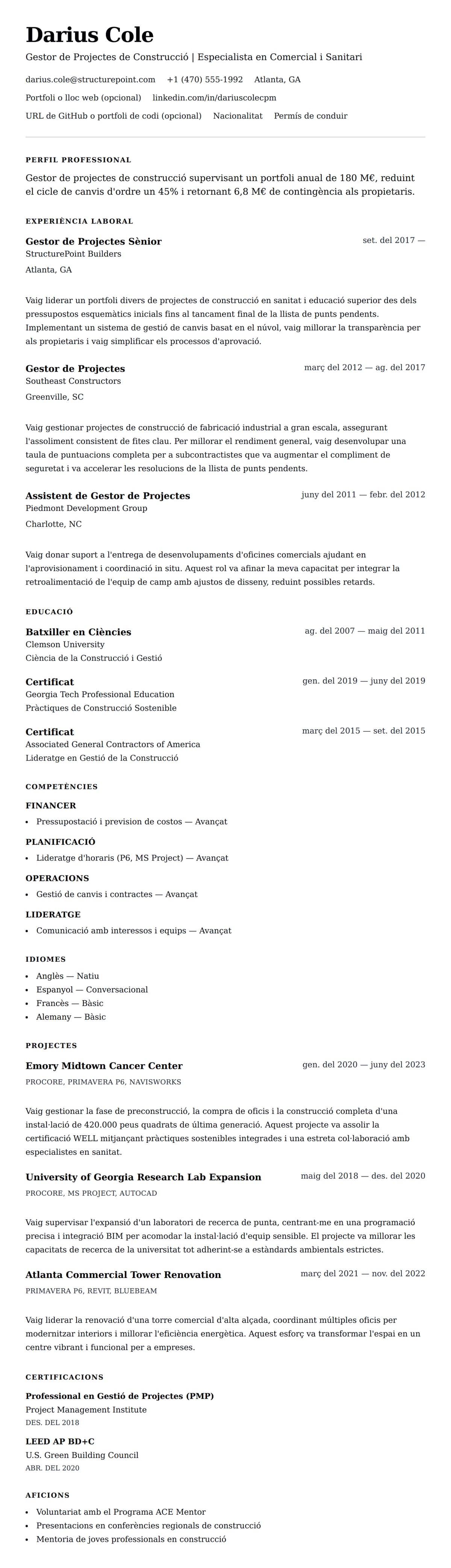 Previsualització del currículum per a Exemple de Currículum de Gestor de Projectes de Construcció