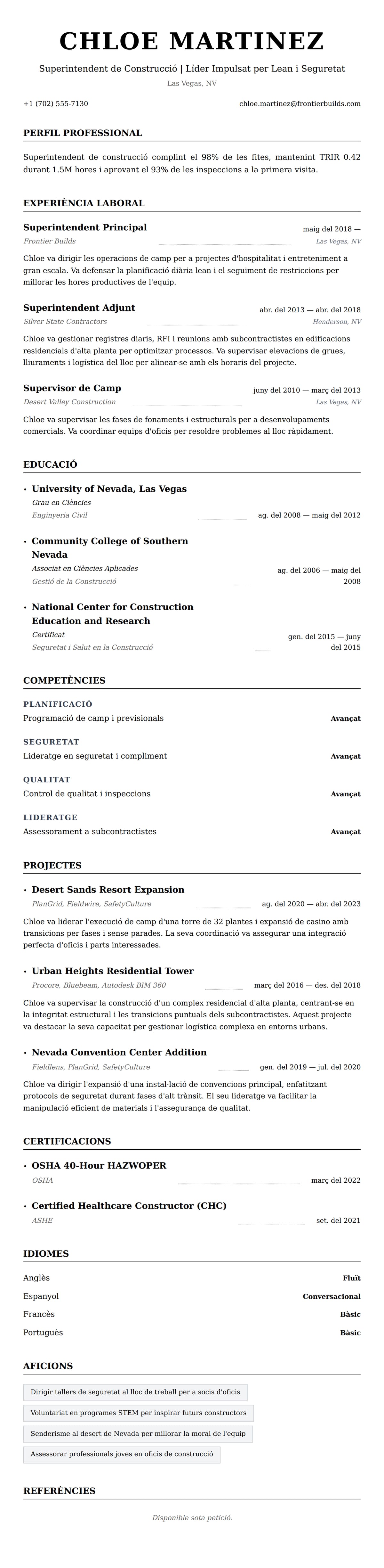 Previsualització del currículum per a Exemple de Currículum de Superintendent de Construcció