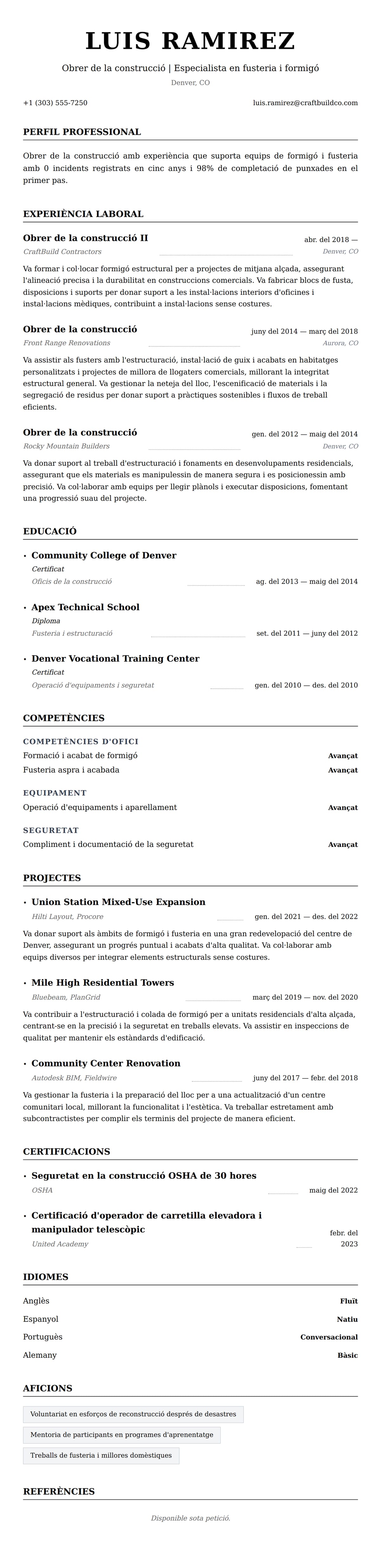 Previsualització del currículum per a Exemple de currículum d'obra de la construcció