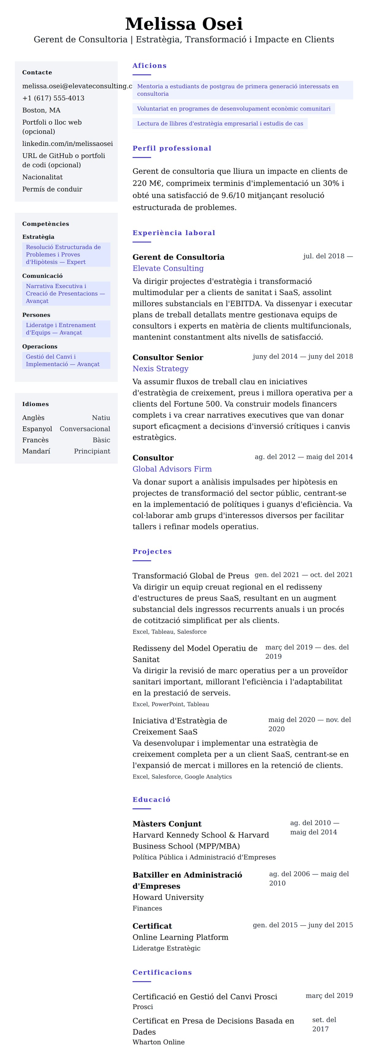 Previsualització del currículum per a Exemple de Currículum de Gerent de Consultoria
