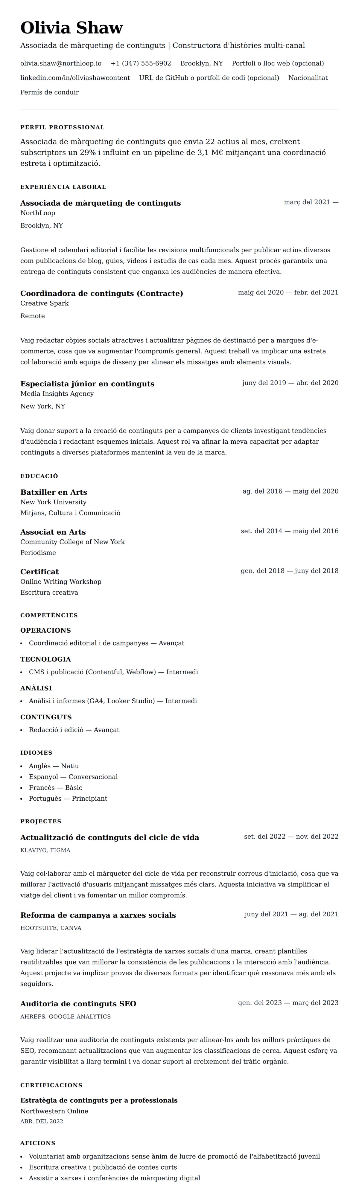 Previsualització del currículum per a Exemple de currículum d'Associat de màrqueting de continguts