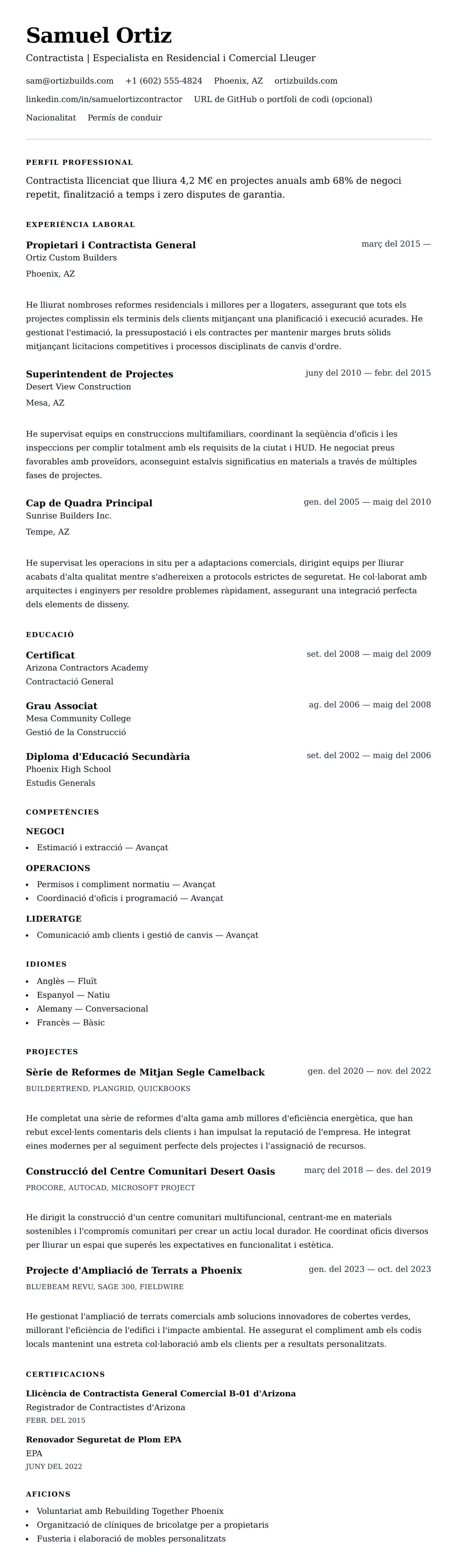 Previsualització del currículum per a Exemple de Currículum de Contractista