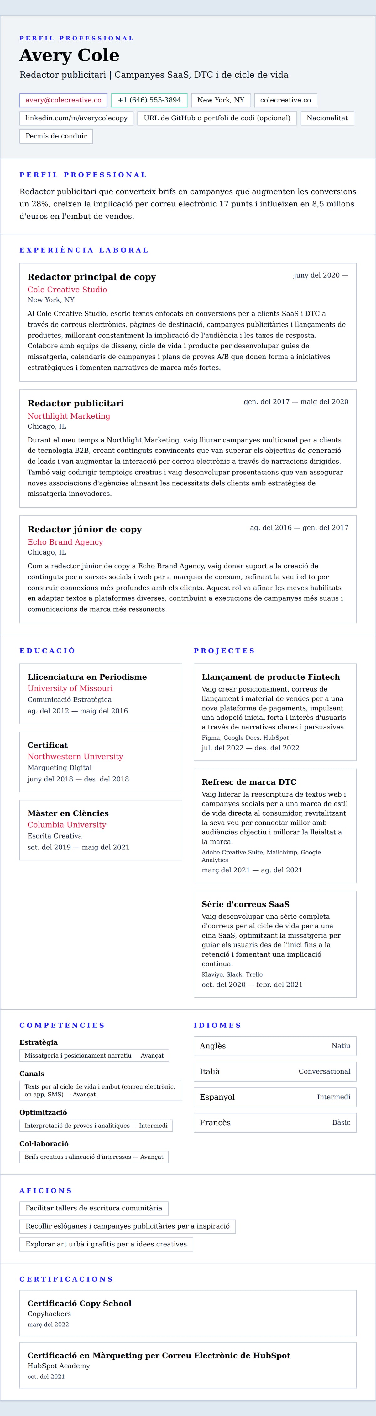 Previsualització del currículum per a Exemple de currículum de redactor publicitari