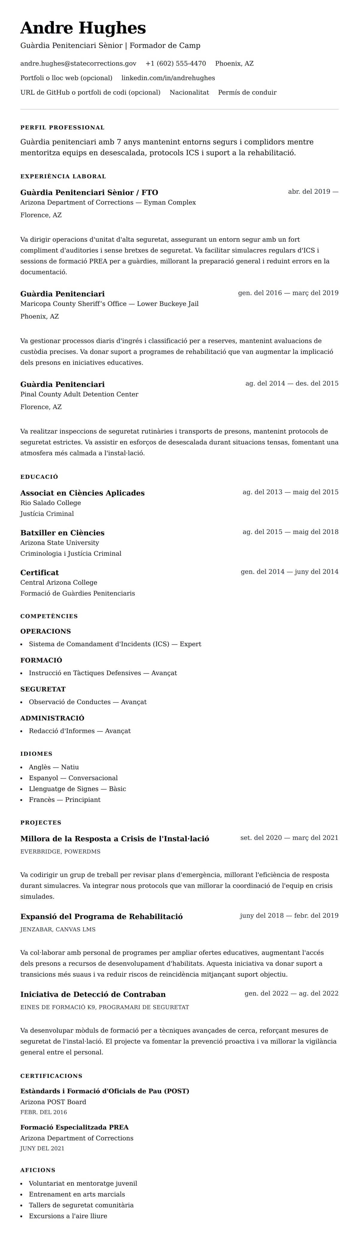 Previsualització del currículum per a Exemple de Currículum de Guàrdia Penitenciari