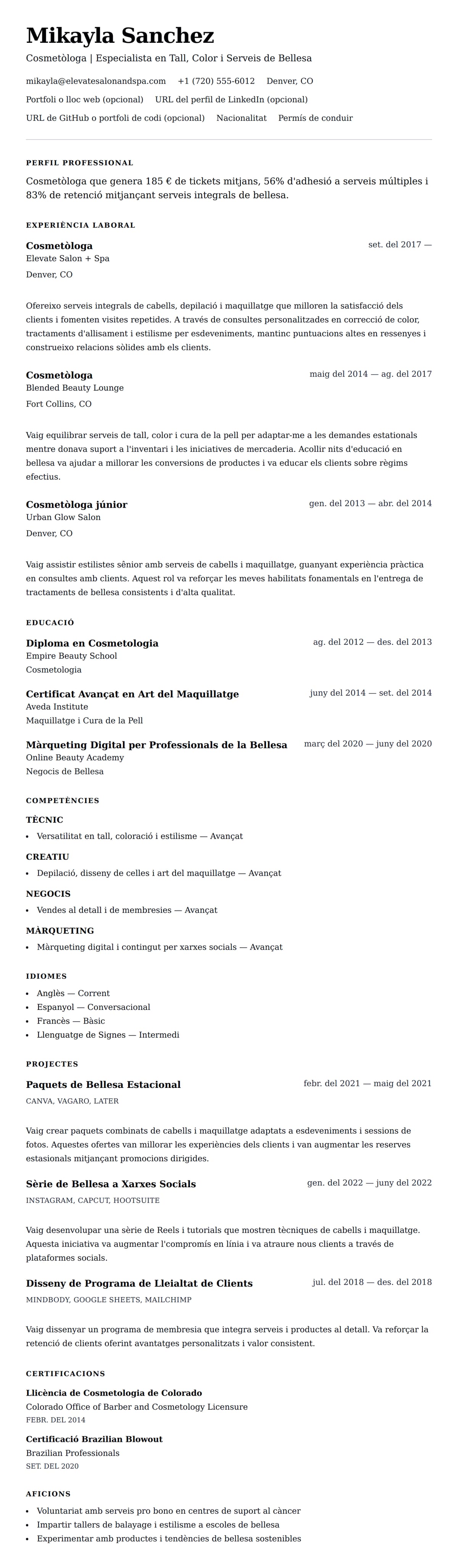 Previsualització del currículum per a Exemple de Currículum de Cosmetòloga