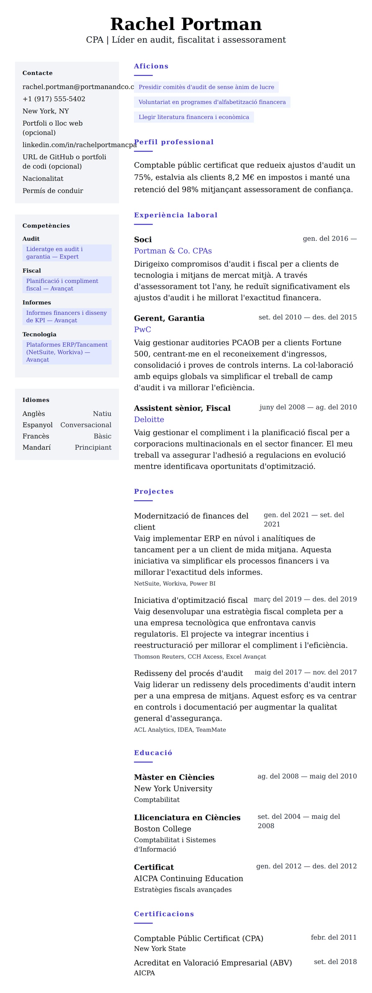 Previsualització del currículum per a Exemple de currículum de comptable públic certificat