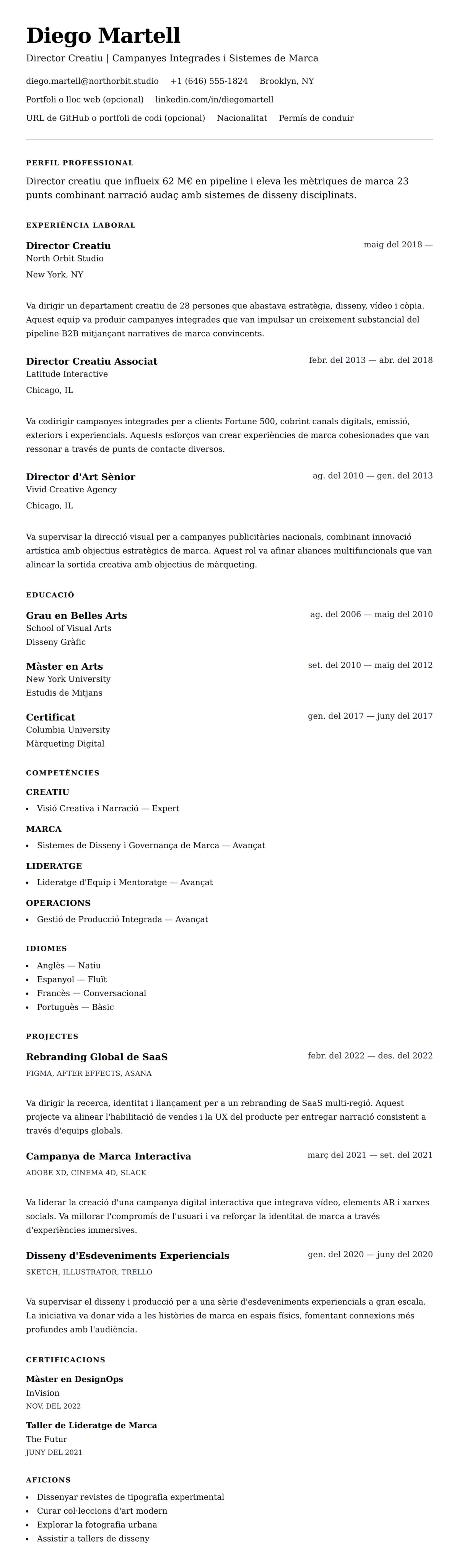 Previsualització del currículum per a Exemple de Currículum de Director Creatiu