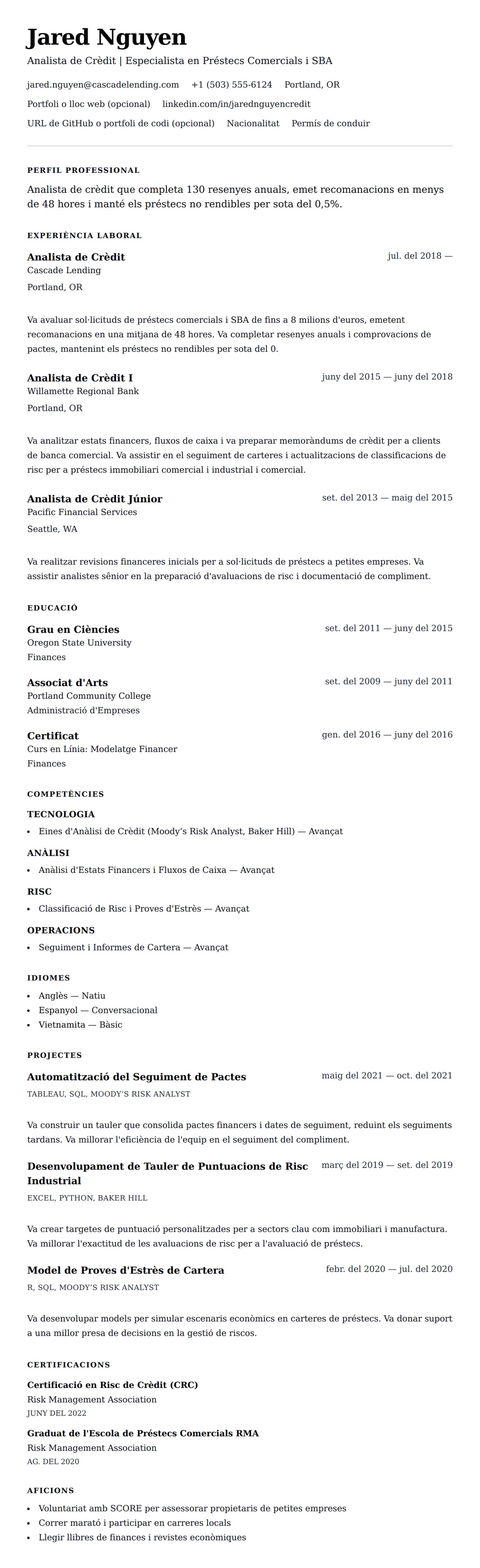 Previsualització del currículum per a Exemple de Currículum d'Analista de Crèdit