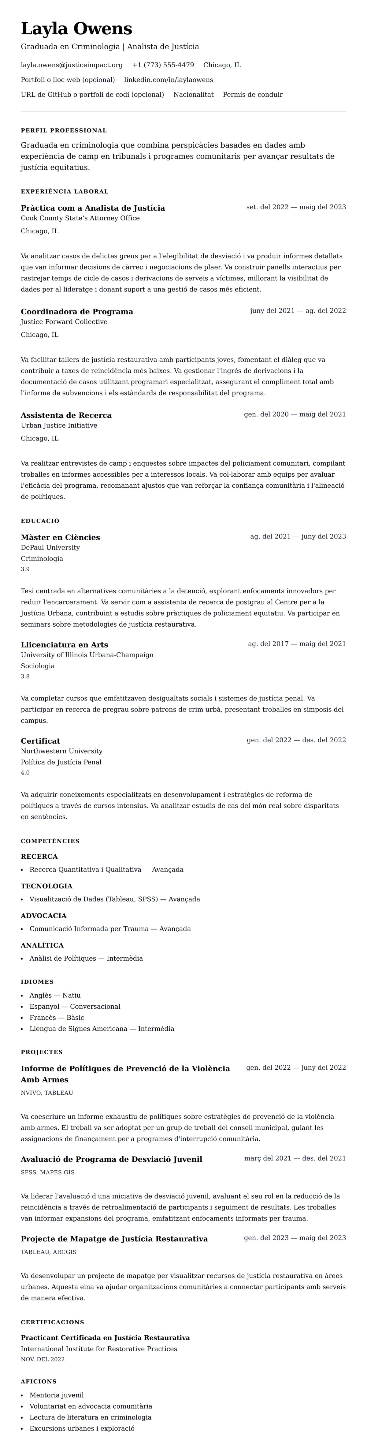 Previsualització del currículum per a Exemple de Currículum de Graduada en Criminologia