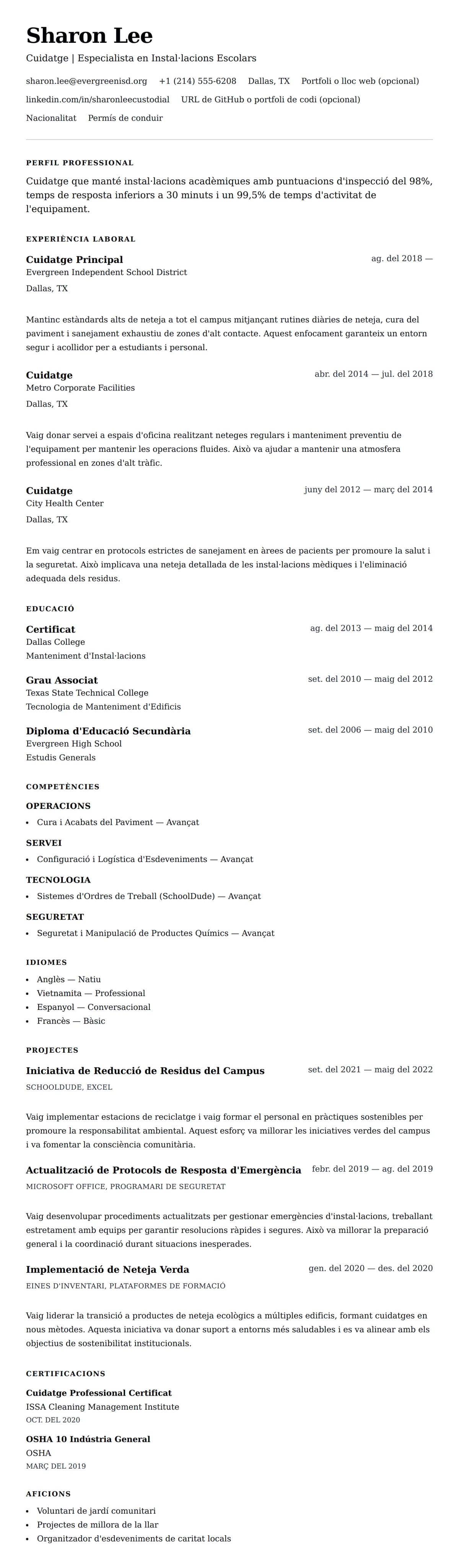 Previsualització del currículum per a Exemple de Currículum de Cuidatge