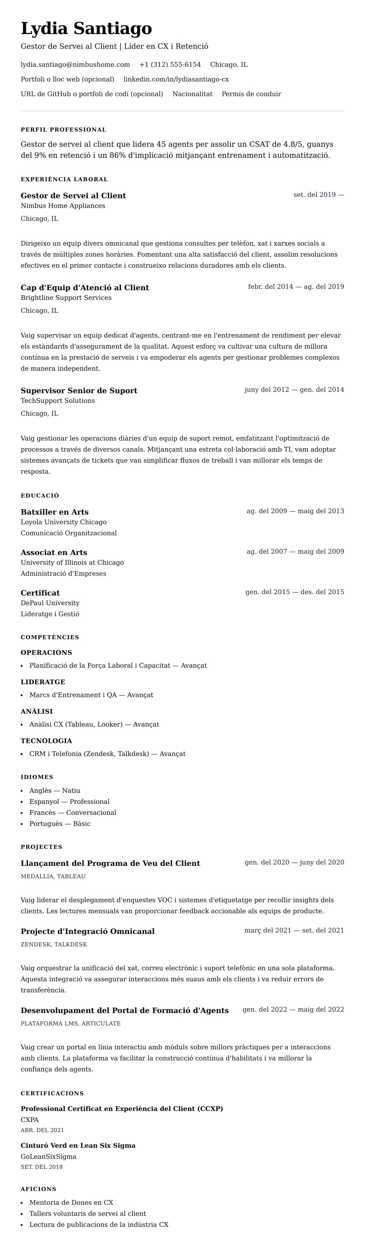 Previsualització del currículum per a Exemple de Currículum de Gestor de Servei al Client