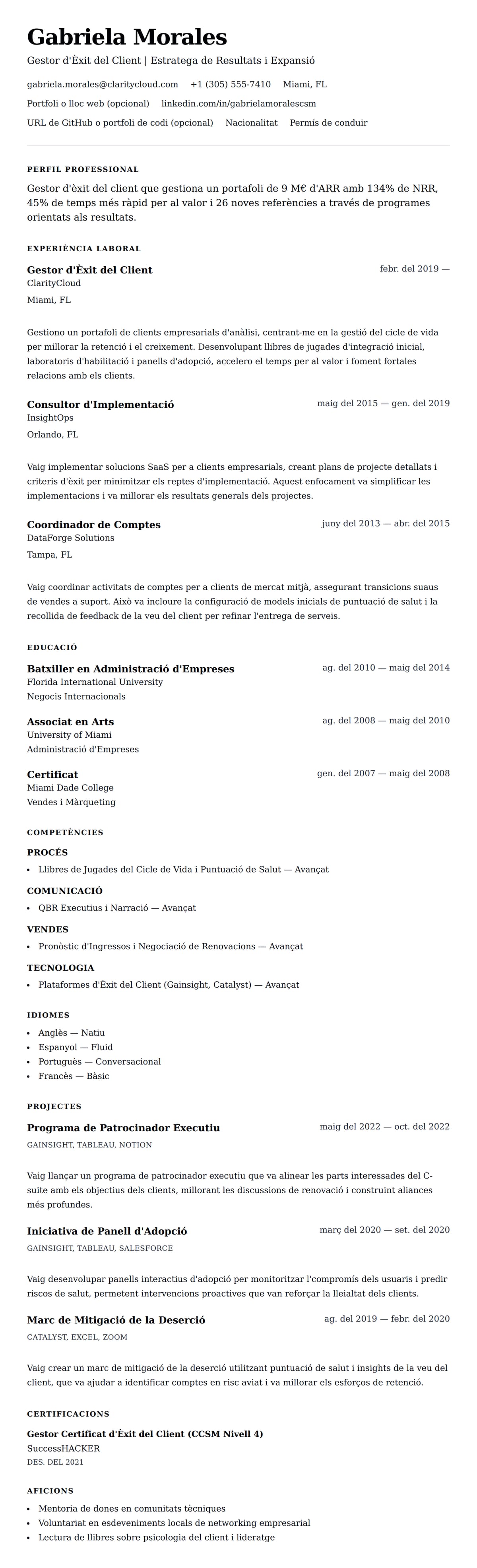 Previsualització del currículum per a Exemple de Currículum de Gestor d'Èxit del Client