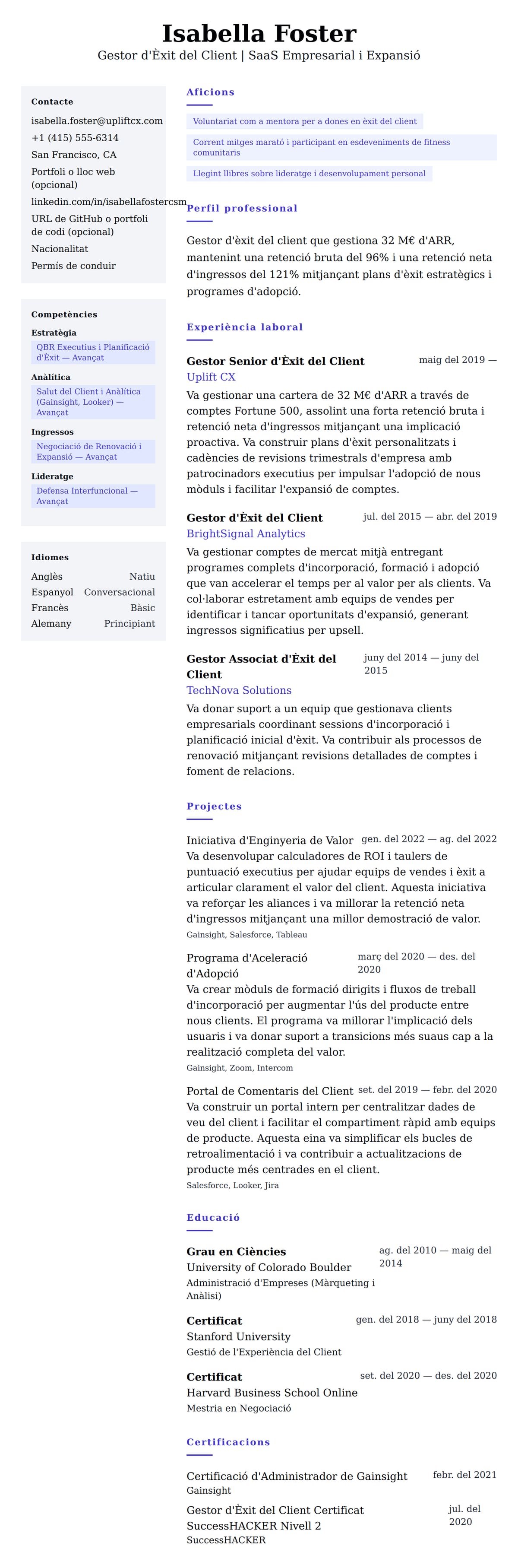 Previsualització del currículum per a Exemple de Currículum de Gestor d'Èxit del Client