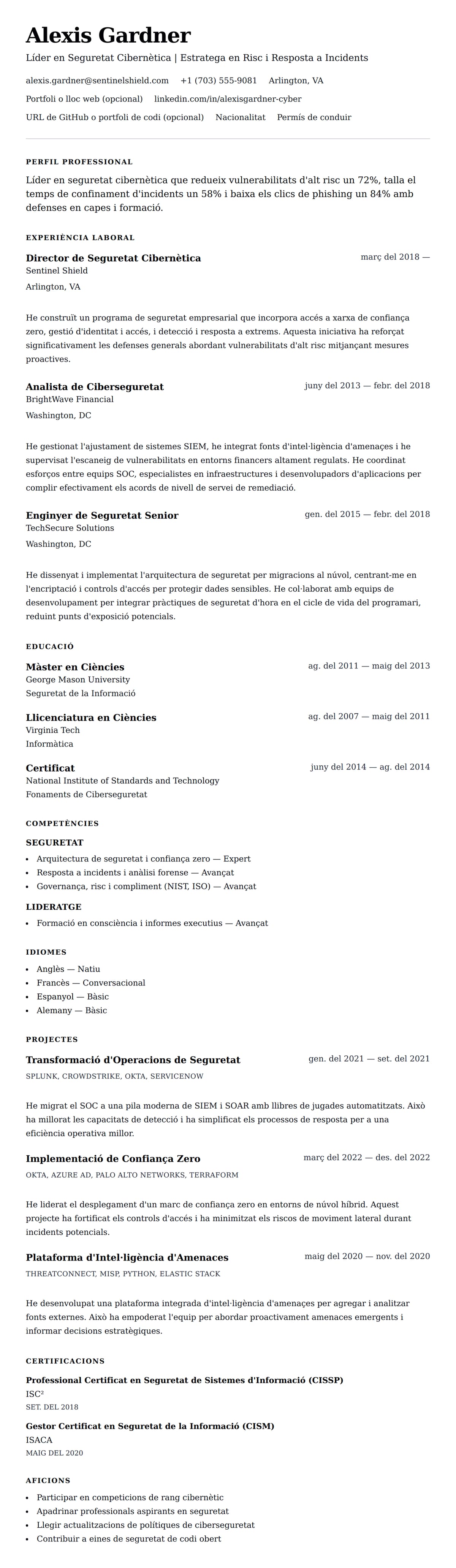 Previsualització del currículum per a Exemple de Currículum de Professional en Seguretat Cibernètica