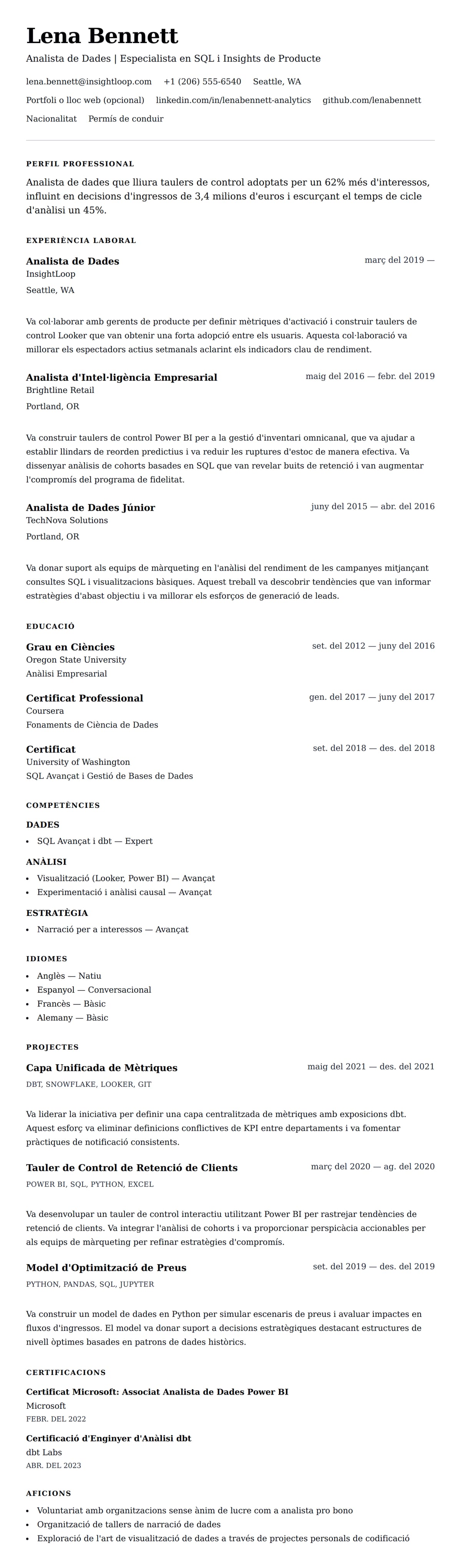 Previsualització del currículum per a Exemple de Currículum d'Analista de Dades