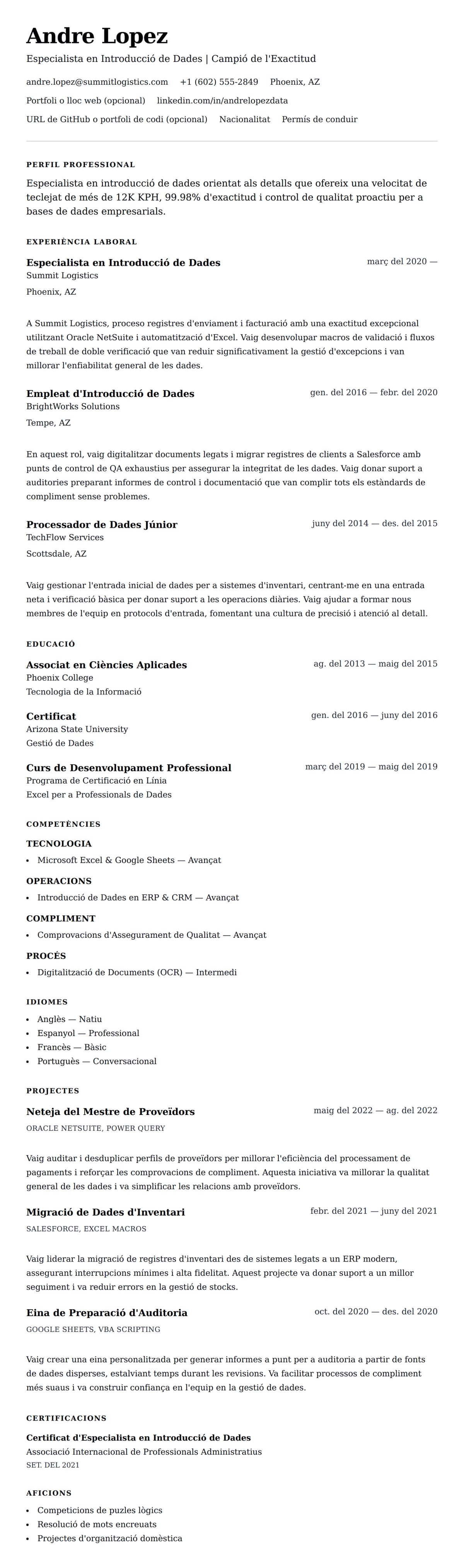 Previsualització del currículum per a Exemple de Currículum d'Especialista en Introducció de Dades