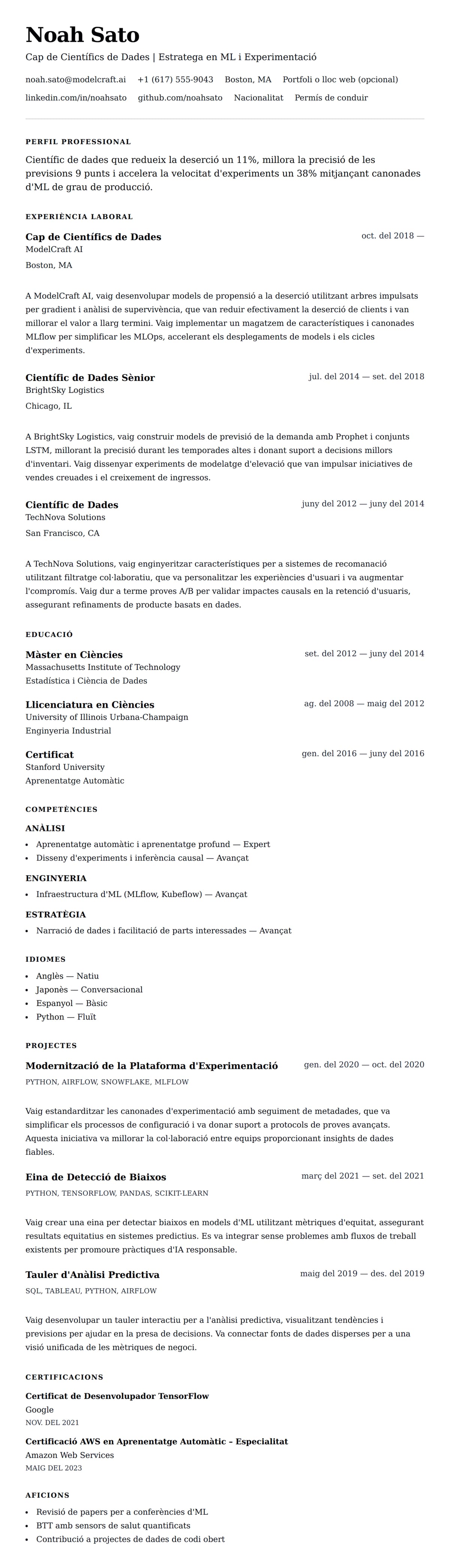 Previsualització del currículum per a Exemple de Currículum de Científic de Dades