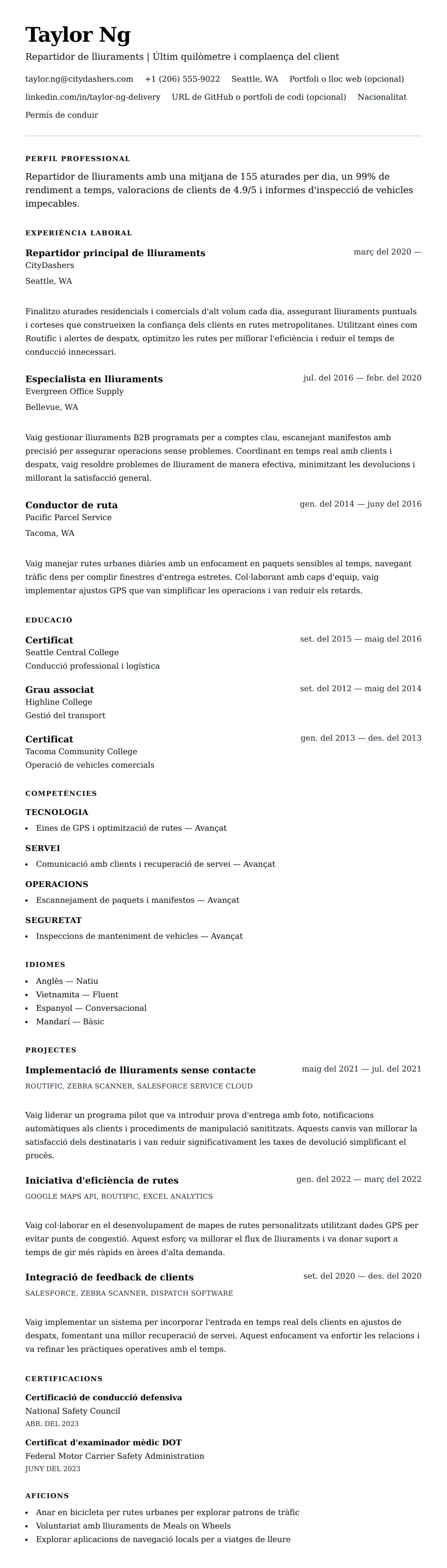 Previsualització del currículum per a Exemple de currículum de repartidor de lliuraments