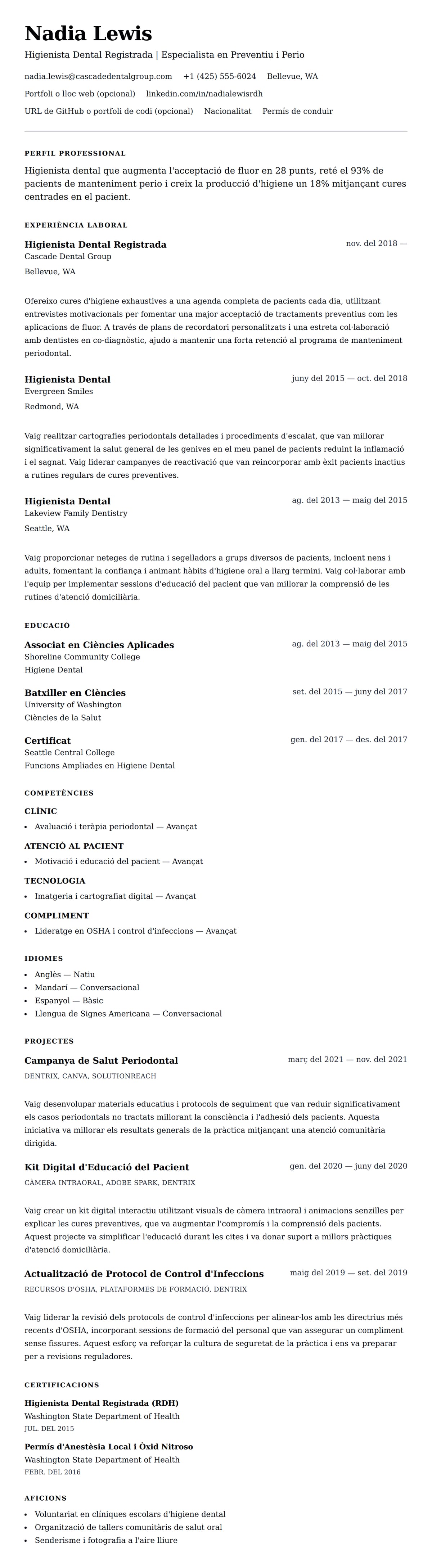 Previsualització del currículum per a Exemple de Currículum de Higienista Dental