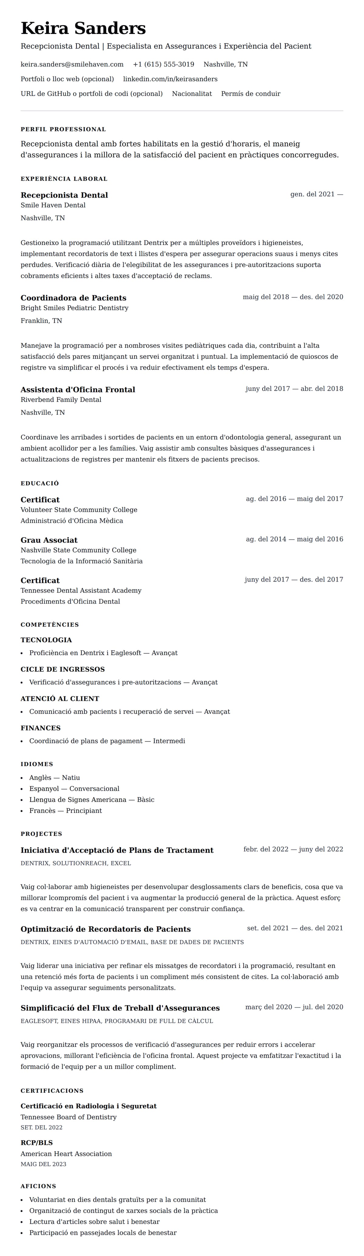Previsualització del currículum per a Exemple de Currículum de Recepcionista Dental