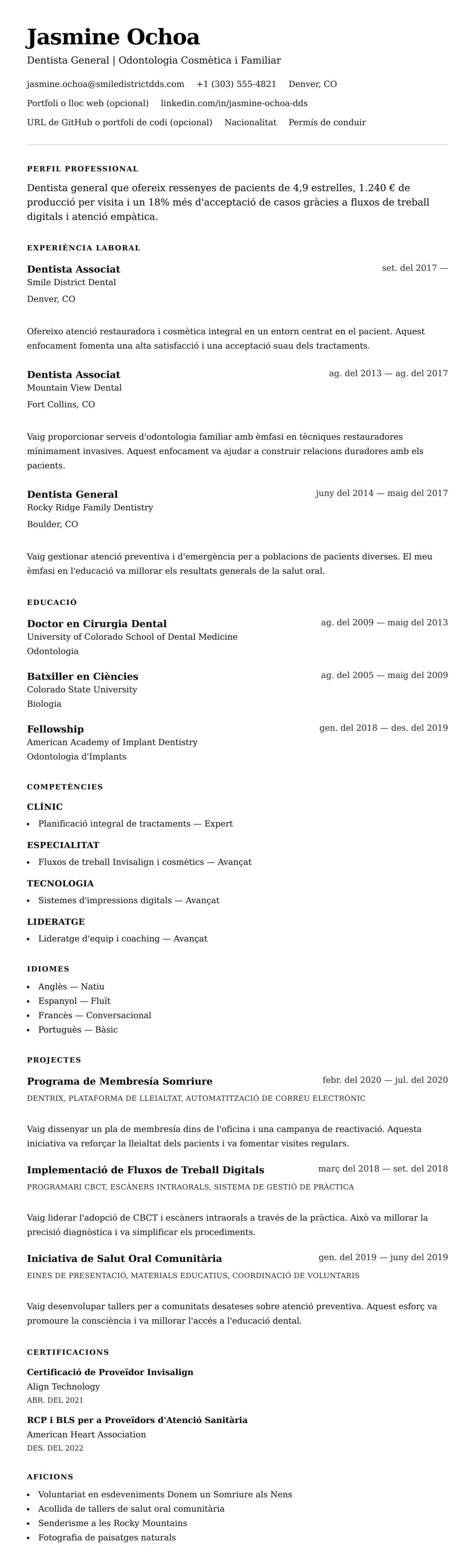 Previsualització del currículum per a Exemple de Currículum de Dentista