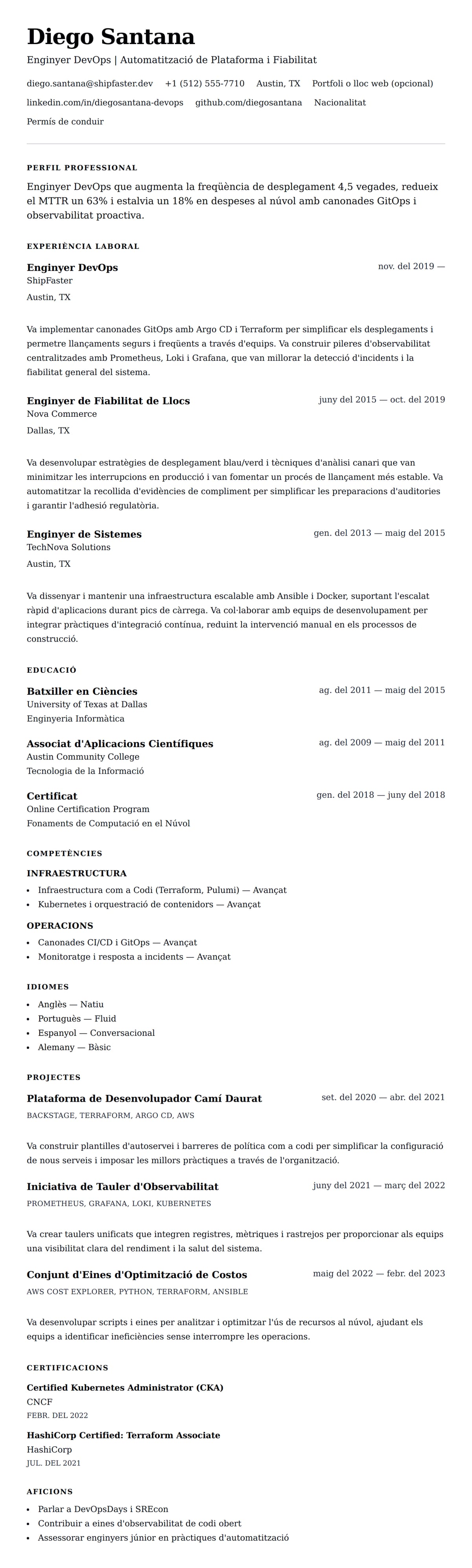 Previsualització del currículum per a Exemple de Currículum d'Enginyer DevOps