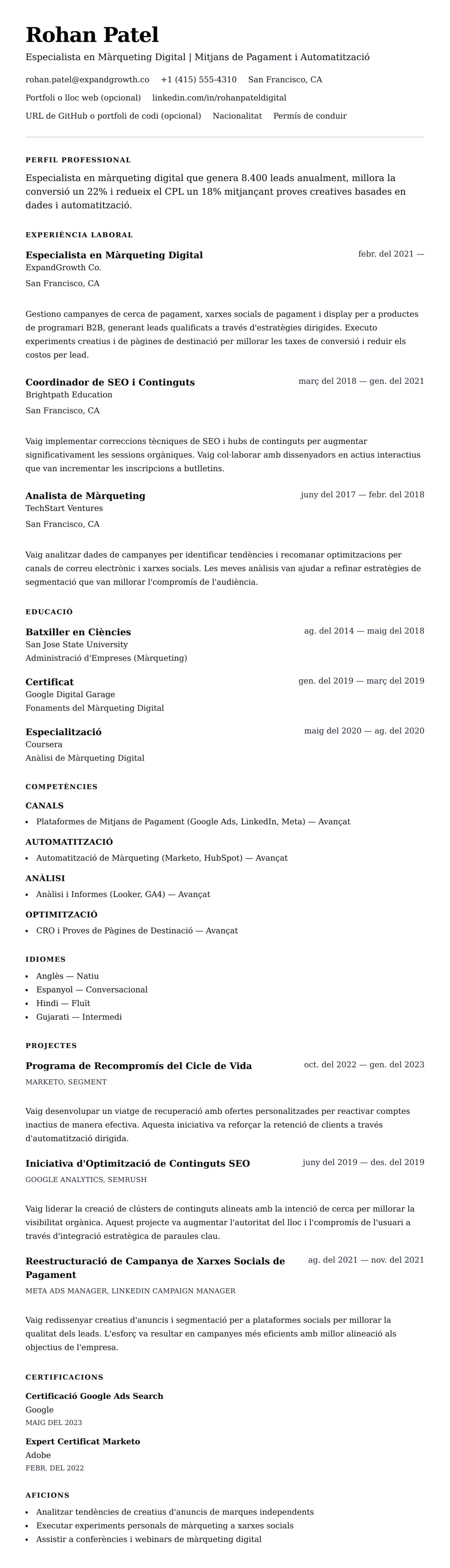 Previsualització del currículum per a Exemple de Currículum d'Especialista en Màrqueting Digital