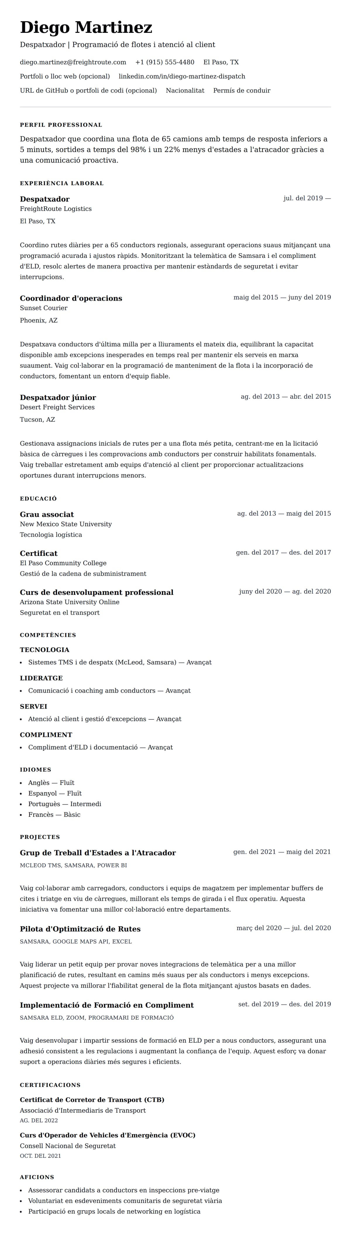 Previsualització del currículum per a Exemple de currículum de despatxador