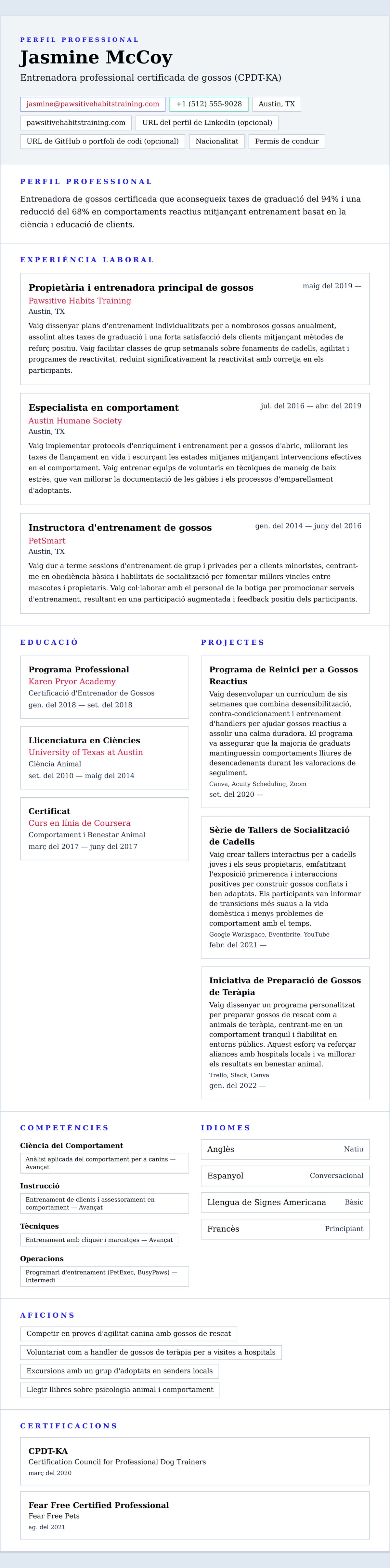 Previsualització del currículum per a Exemple de currículum d'entrenador de gossos
