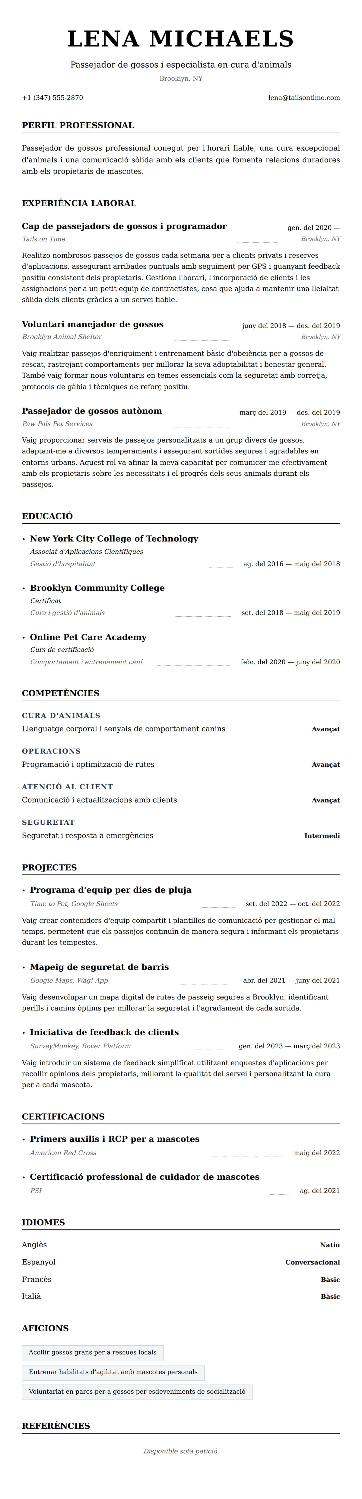 Previsualització del currículum per a Exemple de currículum de passejador de gossos
