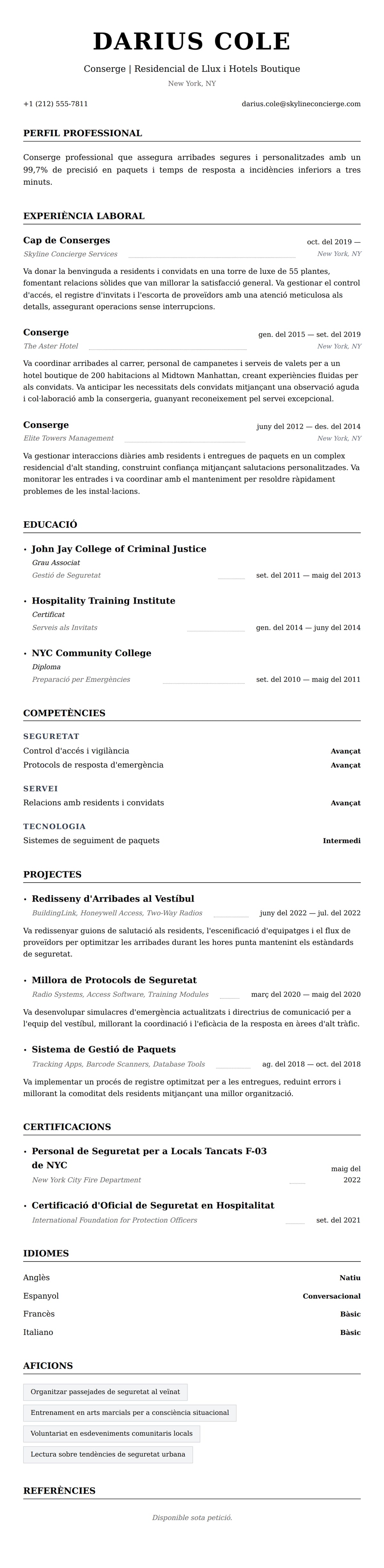 Previsualització del currículum per a Exemple de Currículum de Conserge
