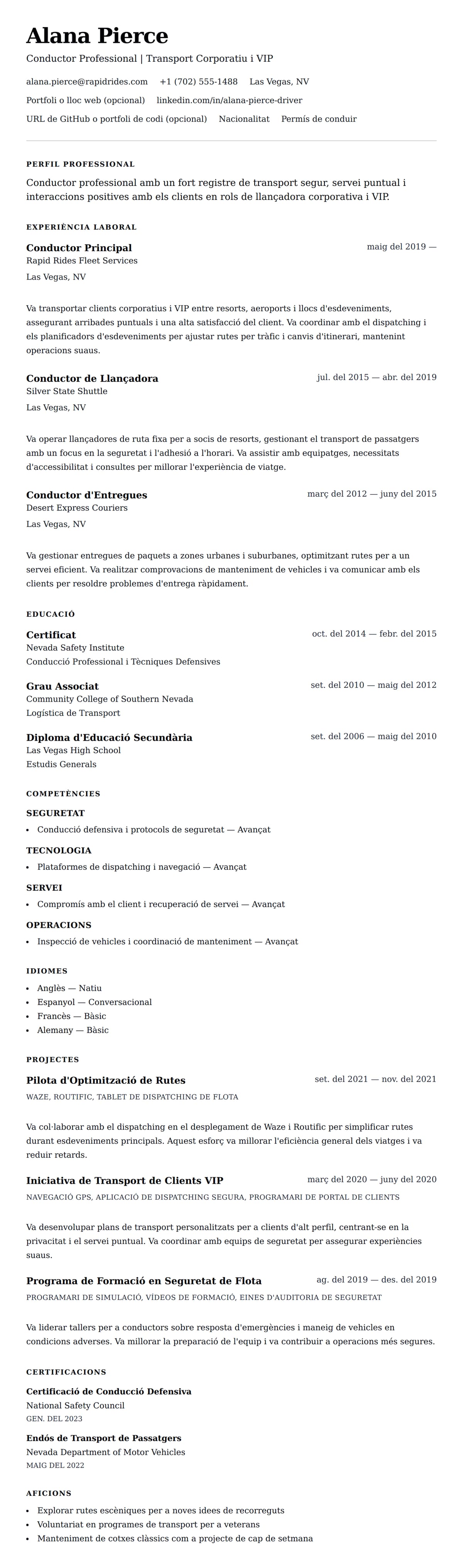 Previsualització del currículum per a Exemple de Currículum de Conductor