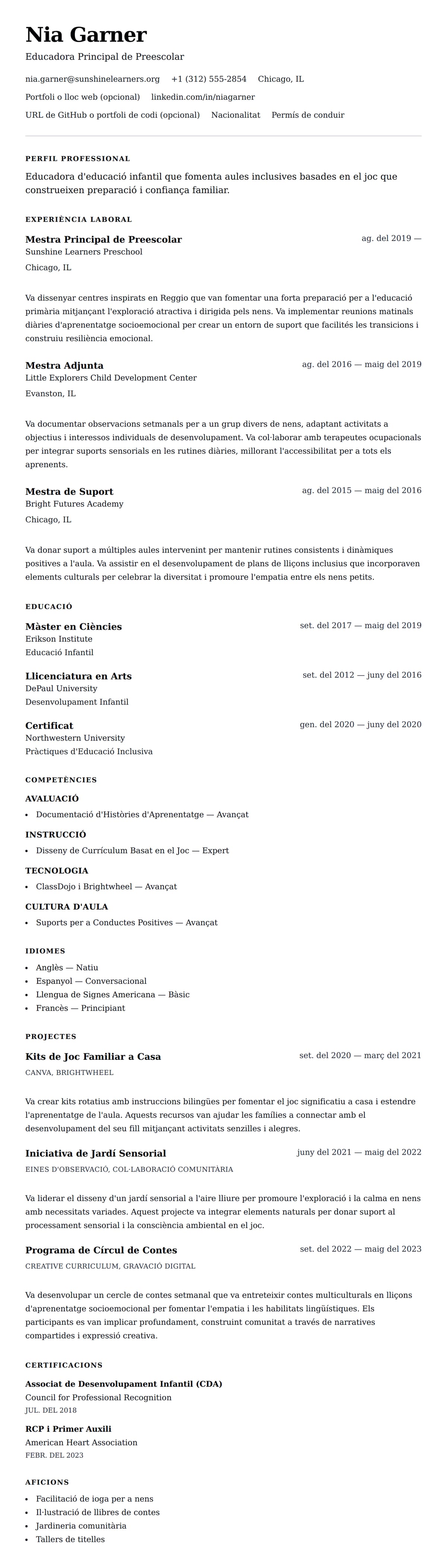 Previsualització del currículum per a Exemple de Currículum d'Educadora d'Educació Infantil