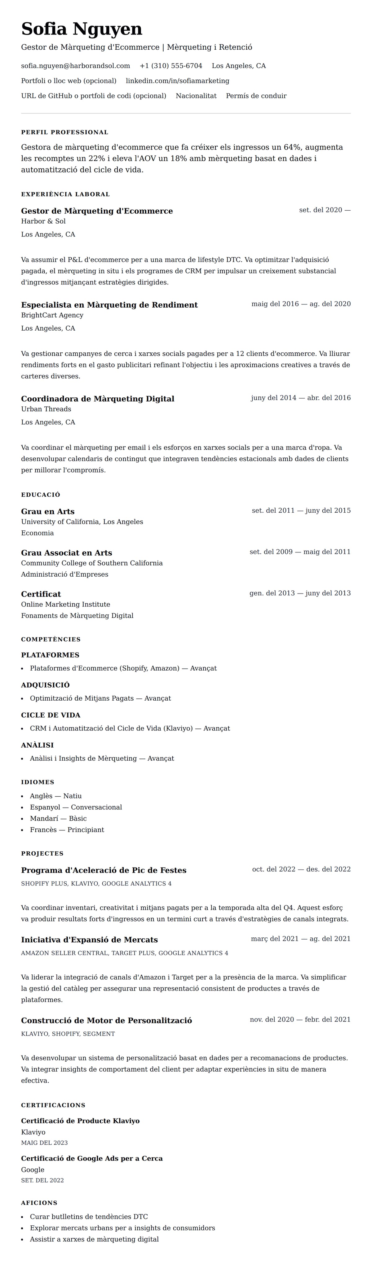 Previsualització del currículum per a Exemple de Currículum de Gestor de Màrqueting d'Ecommerce